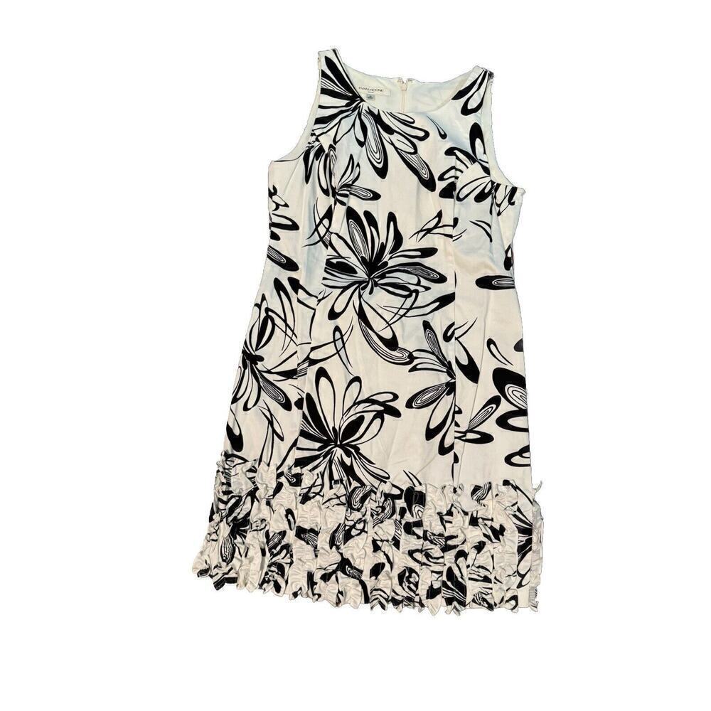 Evan Picone Sleeveless Sheath Dress Black White Floral Ruffle Bottom Sz:12
